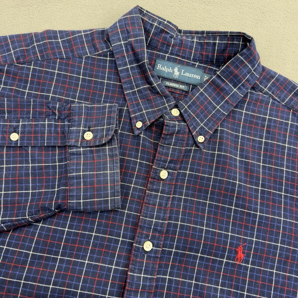 Ralph Lauren Button Down Shirt Mens XXL Blue Red Windowpane Plaid Long Sleeve